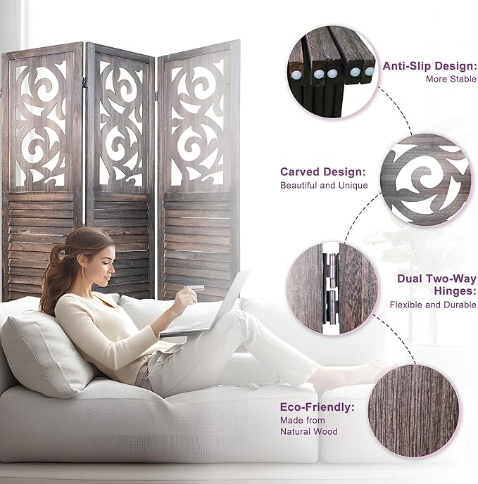 Room Divider, 5.6FT Folding Room Divider Panel, 8 Panel Craved Wood Partition Wall Divider for Room Separation, Rustic Brown