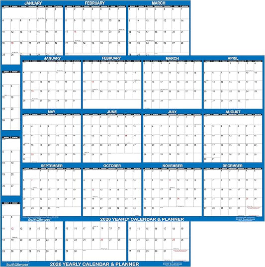 24" x 36" SwiftGlimpse 2026 Wall Calendar Erasable Large Wet & Dry Erase Laminated 12 Month Annual Yearly Wall Planner, Reversible, Horizontal/Vertical, Navy