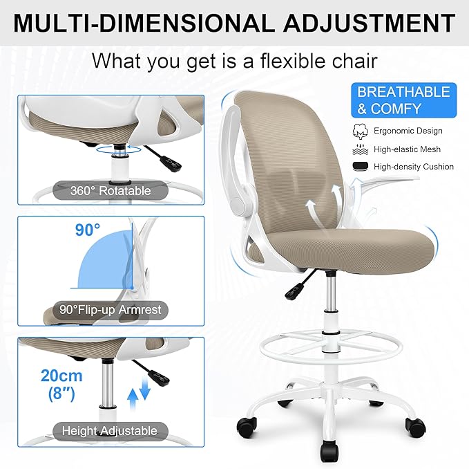 Primy Drafting Chair Tall Office Chair with Flip-up Armrests Executive Ergonomic Computer Standing Desk Chair with Lumbar Support and Adjustable Footrest Ring（Khaki）