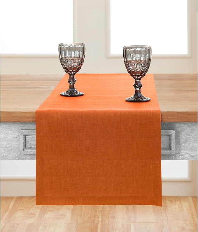 Solino Home Linen Pumpkin Table Runner 60 Inches - 100% Pure Linen Farmhouse Short Table Runner 14 x 60 Inch Ideal for Dresser and Coffee Tables - Fete - Fall, Autumn, Thanksgiving, Holiday