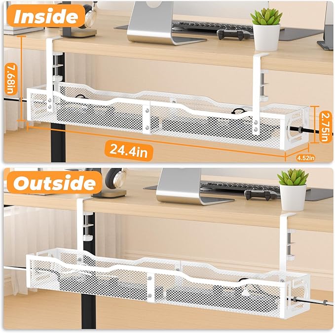 Under Desk Cable Management Tray, No Drill Steel Desk Cable Organizers, Wire Management Tray Cable Management Rack (24.4" Length-White)