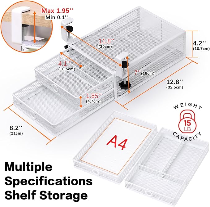 ROSYLINE Under Desk & Desktop Drawer Organizer - 2-Tier Metal Slide Out Drawers Organizer, Storage for Home Office Desk (White)