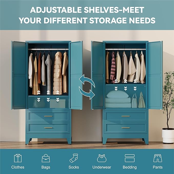 Metal Wardrobe Cabinet with Hanging Rod, 71" Armoire Wardrobe Closet with 2 Drawers,Farmhouse Metal Clothing Storage Cabinets with Door and Adjustable Shelves for Bedroom,Laundry Room(Blue)