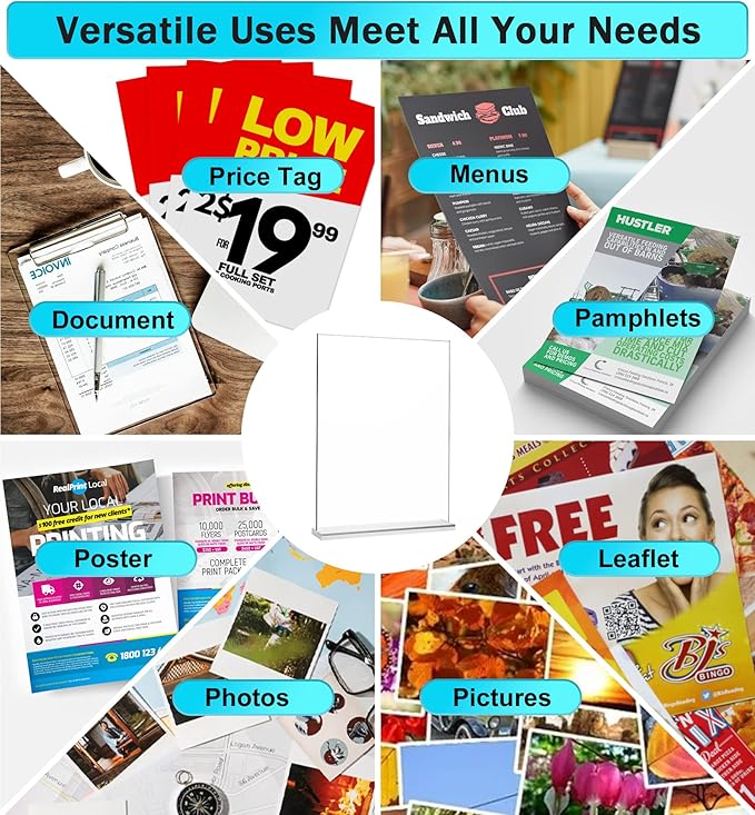 Argvey 8 Pack Acrylic Sign Holder 8.5 x 11 Vertical, Clear T Shape Table Menu Display Stand, Multi-function Plastic Double-Sided Paper Picture Frames Flyer Document Holder for Displaying