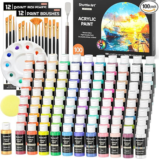 Shuttle Art 100 Colors Acrylic Paint, 2oz/60ml Bottles, Include 2 Sets of 12 Paint Brushes, 1 Art Sponge & Palette, Premium for Artists, Beginners & Kids on Canvas Rocks Wood Ceramic