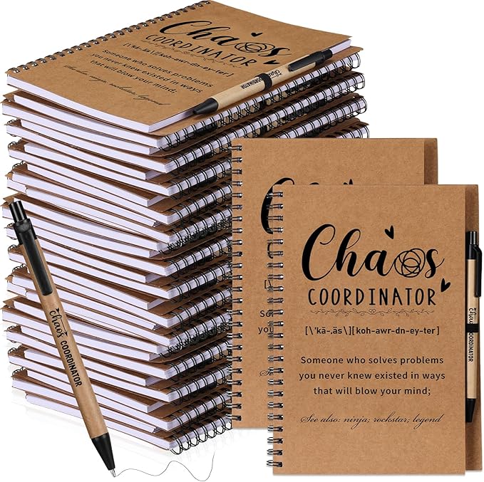 Nezyo 10 Sets Chaos Coordinator Gifts Employee Appreciation Week Notebook with Ballpoint Pen Spiral Notebook Teacher Appreciation Gifts Bulk for Women Men Journals Thank You Cowerker (Brown)