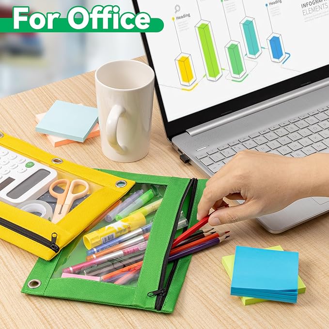 Pencil Pouch for 3 Ring Binder, Bulk 24 Pack 3-Holes Zipper Pencil Pouches in Assorted Colors, Sturdy and Durable Cloth Pencil Holder with Clear Window for Office School College Supplies