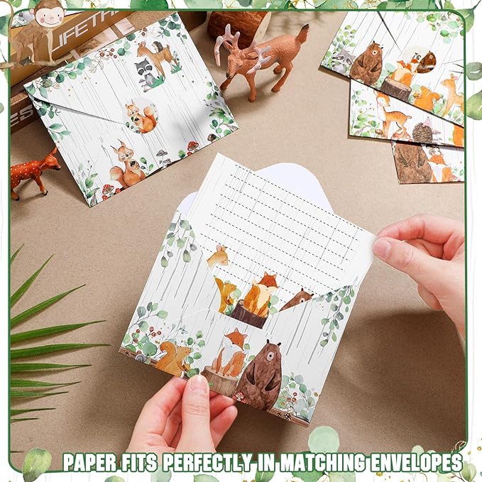 TaoBary 160 Pcs Stationery Paper Set 50 Double Sided Stationery Papers with 50 Matching Envelopes and 60 Round Dot Sticker, 10 Design(Land Animal,5.5 x 8.25 Inch)