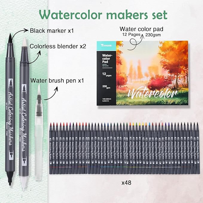 Watercolor Pens Set, 48-Color Dual Tip Paint Markers, Water-Based Coloring Markers with 1 Aquapen, 2 Colorless Blenders, 1 Black Marker, and 12-Page Pad, Paint Supply for Artists & Beginners
