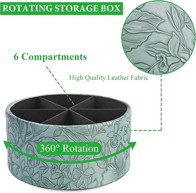 Hennaja Remote Control Holder, 360°Spinning PU Leather Desk TV Remote Caddy,Desk Storage Box Room Accessories for Controller, Media,Mail,Calculator, Mobile Phone,Pencil(1-Carved Green2)