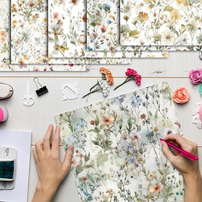 48 Sheets Floral Vintage Scrapbook Paper , Watercolor Vintage Floral Pattern Decorative Scrapbook Paper for Journals DIY Cards and Photo Albums,Aesthetic Craft Supplies for Kids and Adults