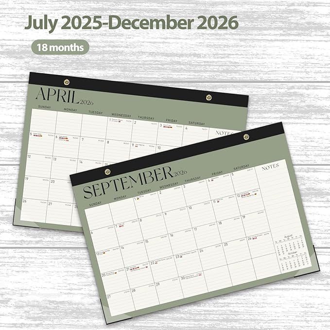 Calendar 2025-2026, Monthly Desktop Large Calendar (July 2025 - December 2026) Desk Wall Planner for Family Office Teacher School, 17" x 12" Green