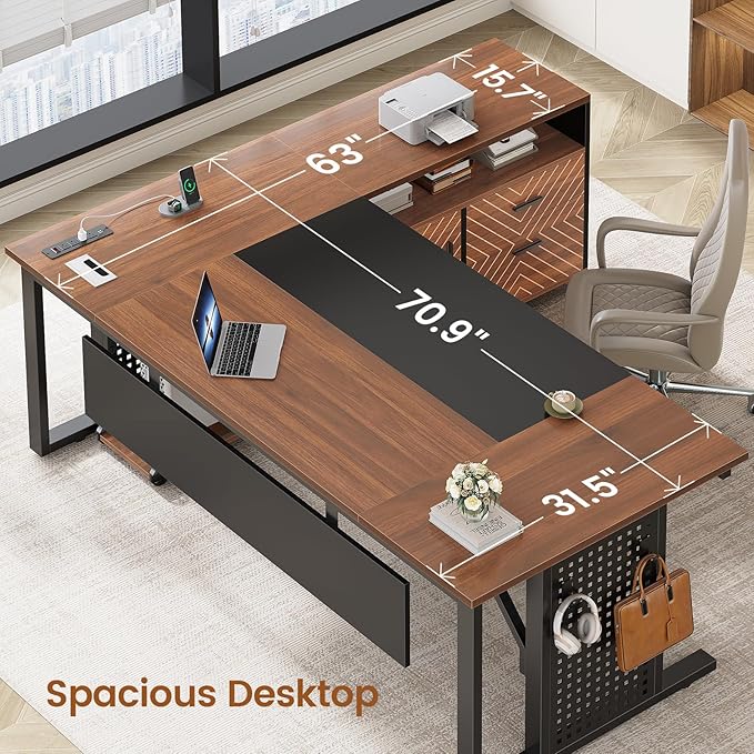 SEDETA 71" Executive Desk with Rolling File Cabinet, Large Office Desk with Drawers, L Shaped Computer Desk with Power Outlets, CPU Stand, Pegboard and Storage Shelves, Brown