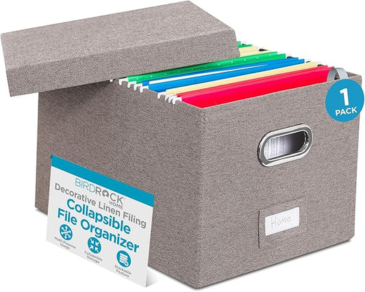 Internet's Best Collapsible File Box Storage Organizer with Lid - Decorative Linen Filing & Storage Office Boxes – Hanging Letter/Legal Folder – Home Office Bins Cabinet – Grey Container - 1 Pack