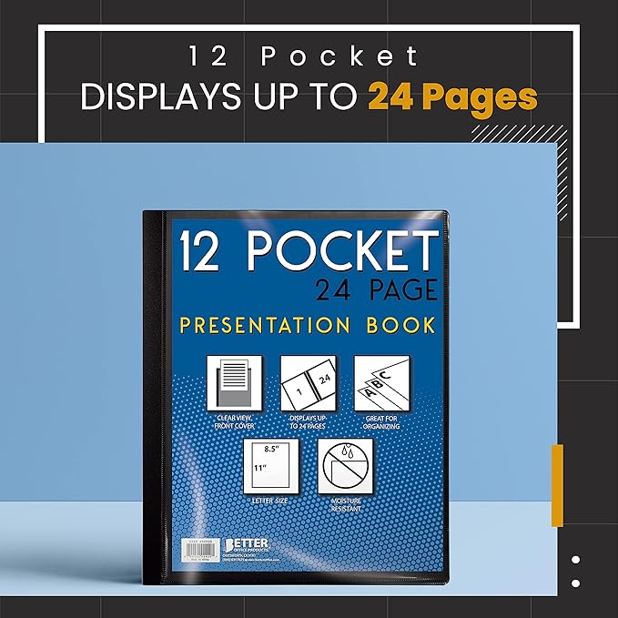 Better Office Products 12 Pocket Bound Presentation Book, Black with Clear View Front Cover, 24 Sheet Protector Pages, 8.5" x 11" Sheets, Art Portfolio, Durable Poly Covers, Letter Size, Black