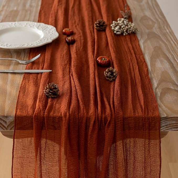 Fall Thanksgiving Table Runner Terracotta Decorations 120 Inch 10 FT Rustic Burnt Orange Sheer Cheese Cloth for Baby Bridal Shower Friendsgiving Party Centerpiece Gauze Decor for Home