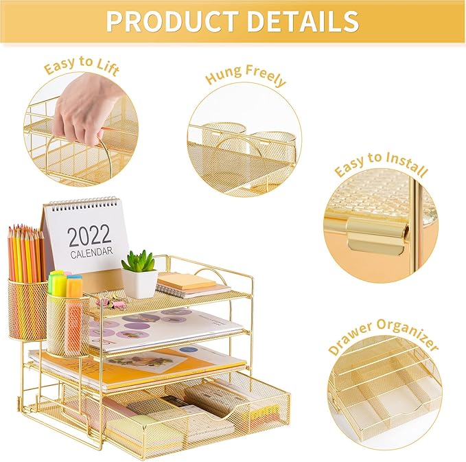 Lavatino Paper Letter Tray Organizer with File Holder, 4-Tier Desk Accessories & Workspace Desk Organizers with Drawer and 2 Pen Holder for Office Supplies (Gold)