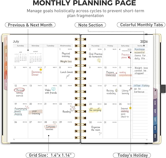 RETTACY 2026 Planner, Weekly and Monthly, Medium Size (5.7" x 8.3"), Jan - Dec 2026, Agenda, Calendar, 12 Month Tabs, Hardcover, 100 GSM Thick Paper, Spiral-bound (Black)
