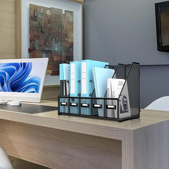 SUPEASY Desk Organizers Metal Desk Magazine File Holder with 16''x12''x12'' 5 Vertical Compartments Rack File Organizer for Office Desktop, Home Workspace, Black Plus