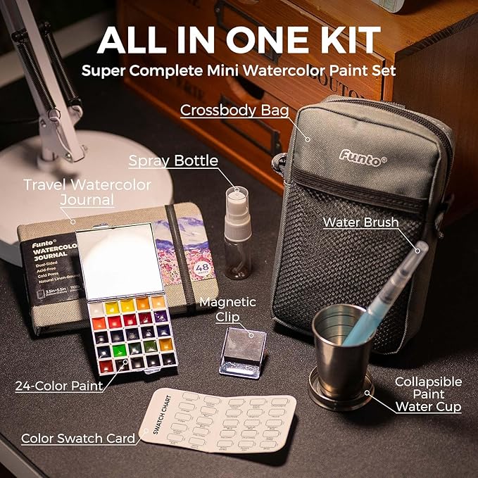Funto Mini Watercolor Paint Set, All-In-One 24-Color Travel Paint Kit, with Crossbody Bag, Watercolor Journal, Paint Water Cup, Pocket Set for Artists