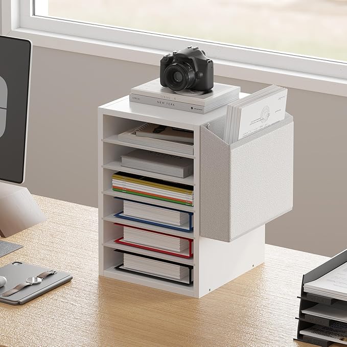 6 Tier Adjustable Countertop Mail Sorter, Mailboxes With Name Slots, Literature Organization Paper Storage Slot, Office Desk File Organizer, Wooden Desktop Mailbox for Classroom, White