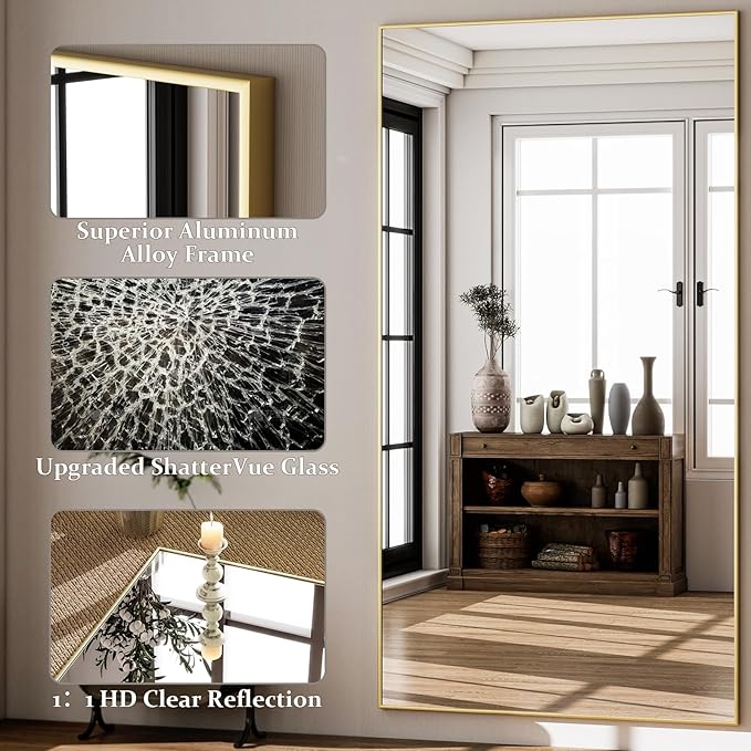 GLSLAND 71"x31" Full Length Mirror Extra Large Hanging or Leaning Rectangle Mirror Aluminum Alloy Thin Frame Bedroom Floor Dressing,Gold