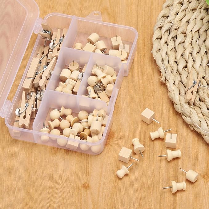 102 Pcs Wood Push Pins 6 Sizes Thumb Tacks for Wall Hangings Corkboard Office or Home