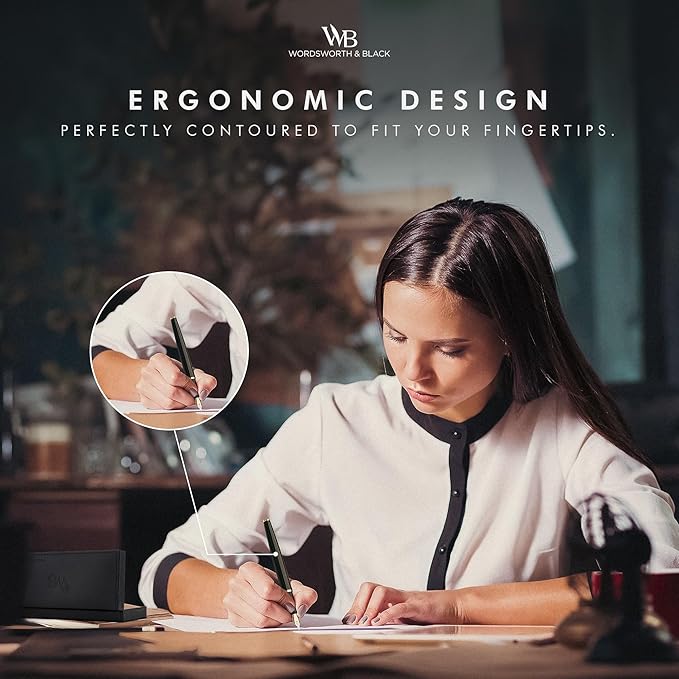 Wordsworth & Black Fountain Pen Set, 18K Gilded Extra Fine Nib, Includes 24 Pack Ink Cartridges, Ink Refill Converter & Gift Box, Chrome Finish, Calligraphy, [Black Chrome], Perfect for Men & Women