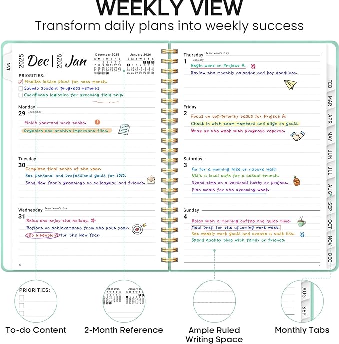 2026 Planner 8.5" x 11", Weekly and Monthly Calendar Planner Book, January 2026 - December 2026, Hardcover Spiral Planner with Monthly Tabs, Notes Pages, Perfect for Women & Men, A4 - Mint