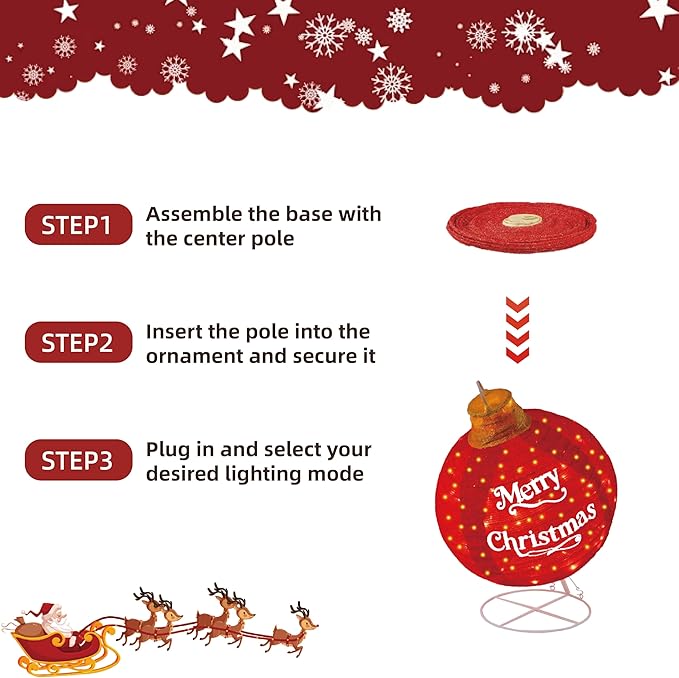 Lighted Pop-Up Christmas Ball with 180 LEDs & 8 Light Functions, Holiday Yard Decor，Outdoor Christmas Decorations