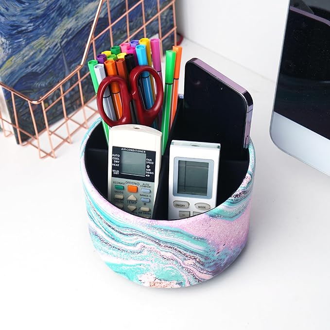 Round Leather Art Supply Organizer,Remote Control Holder,360-degree Rotating Pen Organizer with 4 Compartments(1-Pink Green Splash Ink)