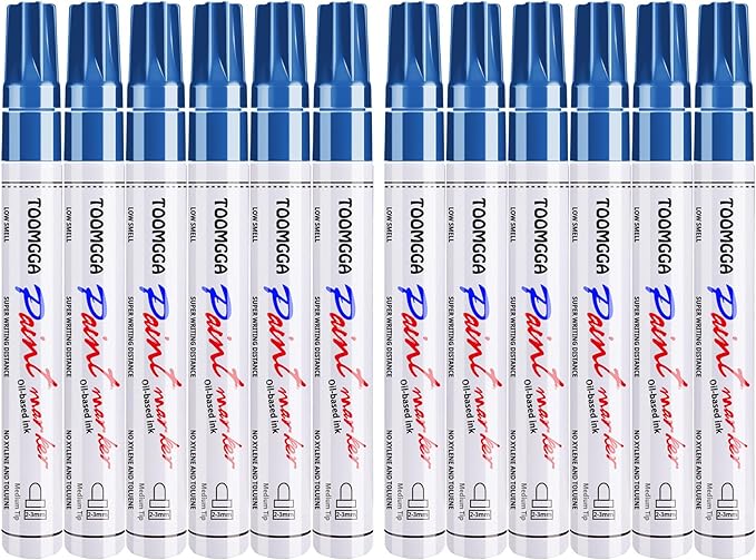 Permanent Paint Pens Blue Paint Markers 12 Pack Oil Based Markers, Quick Drying and Waterproof Marker Pen, Car Tire, Metal, Rock Painting, Wood, Plastic, Canvas, Craft Supplies for Adults
