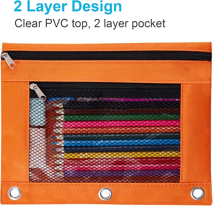 Sooez Pencil Pouch for 3 Ring Binder, 2 Pack Fabric Binder Pouch with 2 Pockets, Pencil Bags with Zipper and Reinforced Grommets, Pencil Cases for Binder