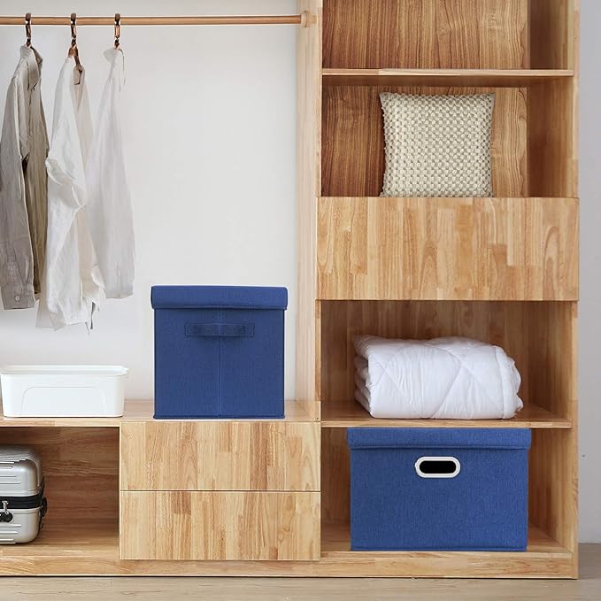 TYEERS Large Storage Bins with Lids, Collapsible, Washable, Fabric Storage Boxes for Organizing, 17.3x11.8x11.4 inches, 5 Pack, Classic Blue