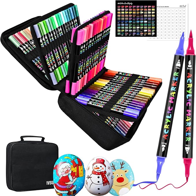 IVSUN Acrylic Paint Pens, 100 Colors Dual Tip Paint Markers with Fine Tip and Brush Tip Pens for Stone, Wood, Canvas, Calligraphy, Ceramic, Metal, Glass, Rock Painting, DIY Crafts Art Supplies Kit