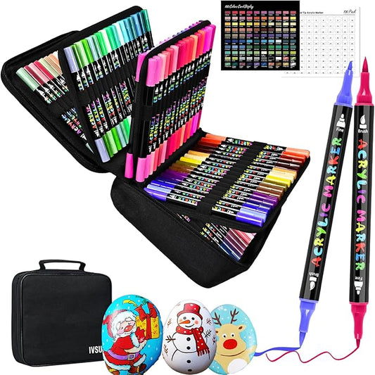 IVSUN Acrylic Paint Pens, 100 Colors Dual Tip Paint Markers with Fine Tip and Brush Tip Pens for Stone, Wood, Canvas, Calligraphy, Ceramic, Metal, Glass, Rock Painting, DIY Crafts Art Supplies Kit