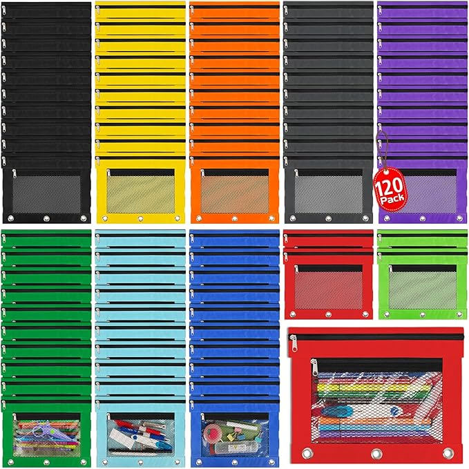 IKAYAS 120 Pack Pencil Pouch for 3 Ring Binder bulk Binder Pencil Pouch with Zipper, Pencil Pouches Pencil Bags for Classroom bulk Pencil Box Pencil Case for Storing School Students Teacher Supplies