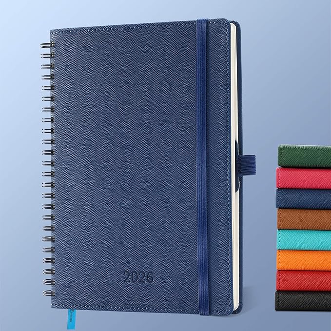 Planner 2026 Daily Weekly and Monthly,8.5"x6.5",12 Months Spiral Bound Calendar Agenda with Self-adhesive Pen Holder,2026 Appointment Book with Vegan Leather Soft Cover,Blue