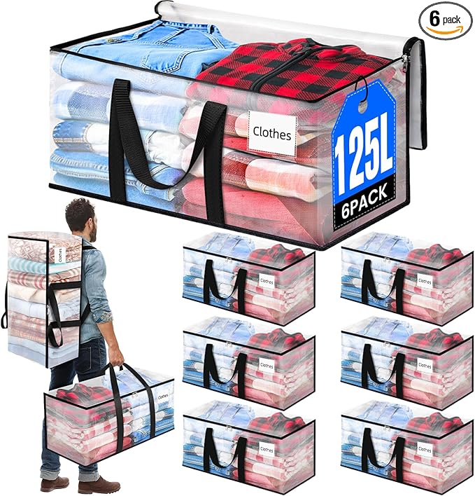 BlissTotes 6-Pack Large Moving Bags with Backpack Straps & Strong Zippers, Heavy-Duty Storage Bags Moving Boxes for Space Saving, Dorms, Transport, 125L-30 Gallons, Clear