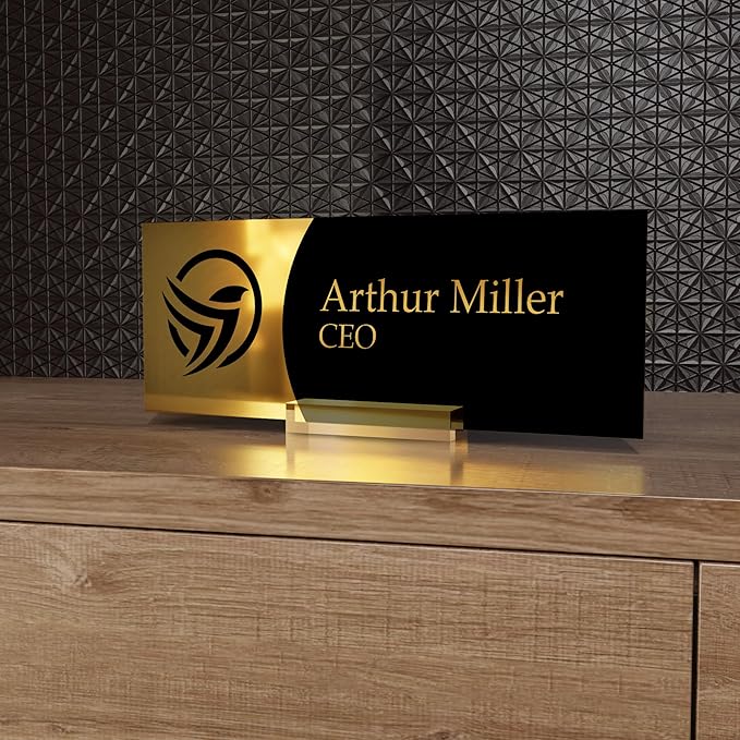 EGD Acrylic Desk Name Plate Personalized with Logo I Custom Office Desk Accessories I Custom Name Plate with Color Options I Cute Office Decor (10 x 3.5 Inch) (2. Acrylic with Logo)