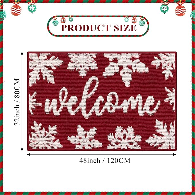 Christmas Doormat with Non Slip, Loop Pile Red and White Indoor Christmas Welcome Mat with Absorbent & Dirt-Trapping, Porch Decor Outdoor Front Door Mat 32x48 Inch