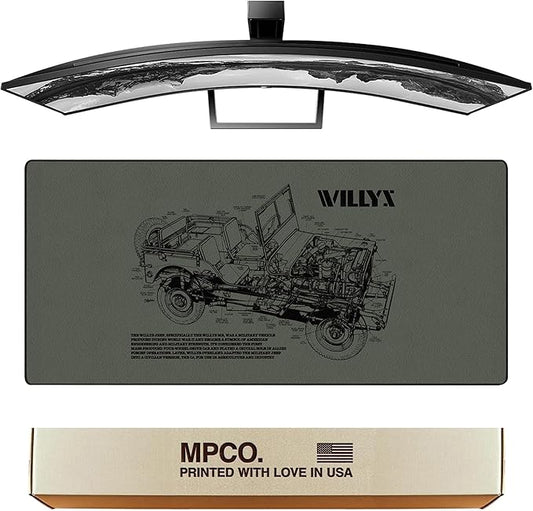 MPCO. Blueprints Large Gaming Desk Pad - 36" x 17" Aeroglyde Fabric Willys Jeep – Green Desk Mats - Non-Slip, Washable, Smooth Glide for Precision Gaming & Work