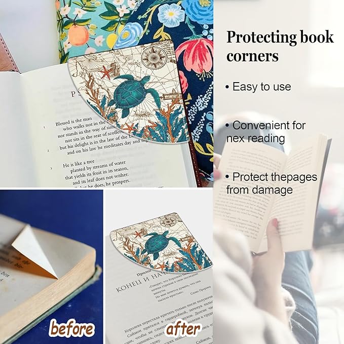 4 Pcs Sea Turtle Corner Bookmarks, Cute Leather Book Accessories for Book Lovers, Funny Reading Book Page Markers for Women Girls Men Teacher Student Boys Kids Retirement Birthday Gifts