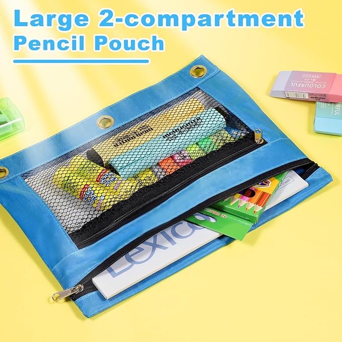 60PCS Pencil Pouches for 3 Ring Binder, 10x7.5 Inch Zippered Binder Pouch, Double Layer Clear PVC and Mesh Pencil Bags with Zipper for School Supplies Organization, Classroom, Travel and Home Storage