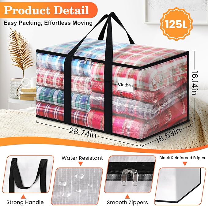 Extra Large Heavy Duty Moving Bags, Storage Bags with Strong Zippers & Handles, Packing Bags for Moving Essentials, Ideal Storage Tote for Home, Dorm & Storage Solutions, 125L 8 Packs Clear