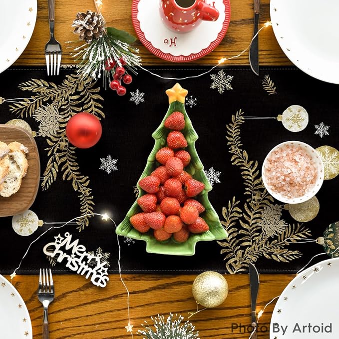 Artoid Mode Black Pine Trees Snowflake Merry Christmas Table Runner, Winter Holiday Kitchen Dining Table Decoration for Home Party Decor 13x72 Inch