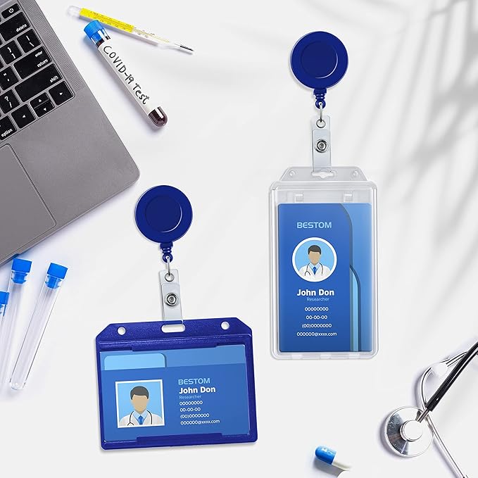 Badge Reels Retractable Badge Holder with Clip, Id Clips for Badges, Id Badge Reel, Retractable Id Badge Clip with Clear Vinyl Strap & Alligator Swivel, No Twist Dispenser (Blue)