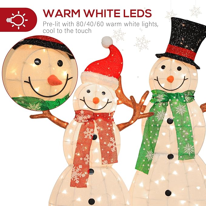 Hykolity 3.5 FT 3D Lighted Outdoor Snowman Family, Set of 3 Light Up Christmas Snowman with 180 Warm White LED Lights for Holiday Decoration, Ground Stakes, Zip Ties