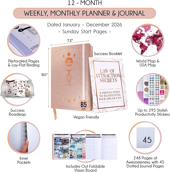 2026 Planner Weekly and Monthly | Law of Attraction Planner with Panduo App | A 12 Month Journey for Productivity, Gratitude & Goal Setting | Includes Foldable Vision Board, Gift Box & Stickers
