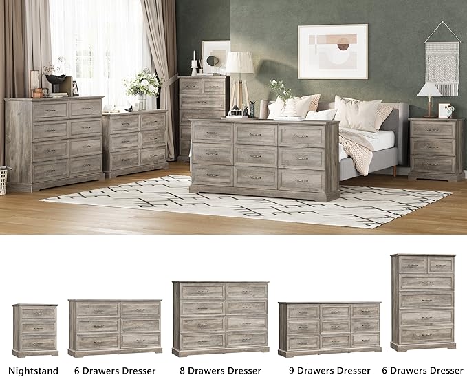 8 Drawer Dresser for Bedroom, 47" Wide Wooden Chest of Drawers, Rustic Farmhouse Dresser with Large Drawers & Metal Handles, Modern Storage Organizer for Closet, Living Room, Hallway, Grey